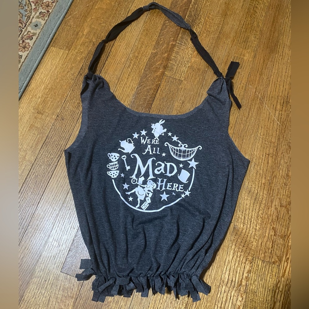 Alice in Wonderland themed T-shirt tote, “We are all mad here”